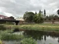 Most widokowy z rzeką, zieloną roślinnością i budynkami w tle.