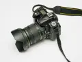 Czarna lustrzanka cyfrowa Nikon z obiektywem i paskiem na białym tle.