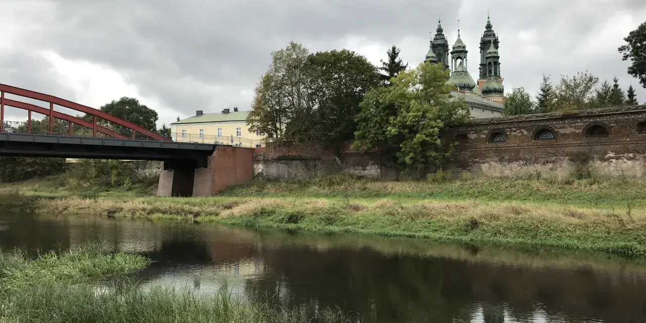 Most widokowy z rzeką, zieloną roślinnością i budynkami w tle.