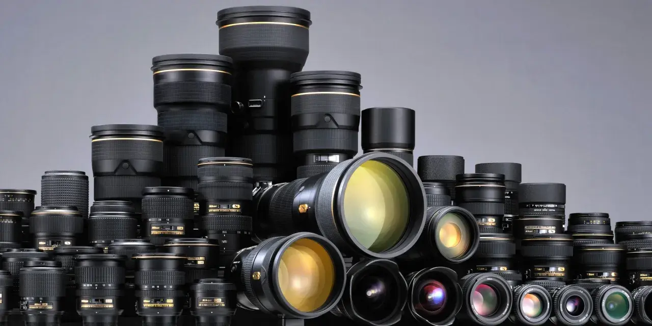 Duża kolekcja obiektywów fotograficznych Nikon ułożonych w stosy.