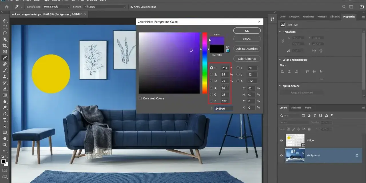Okno dialogowe "Kolor" w Photoshopie z widocznym wyborem koloru fioletowego i wartościami RGB.