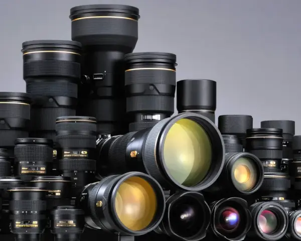 Duża kolekcja obiektywów fotograficznych Nikon ułożonych w stosy.