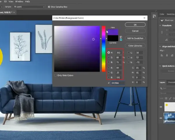 Okno dialogowe "Kolor" w Photoshopie z widocznym wyborem koloru fioletowego i wartościami RGB.